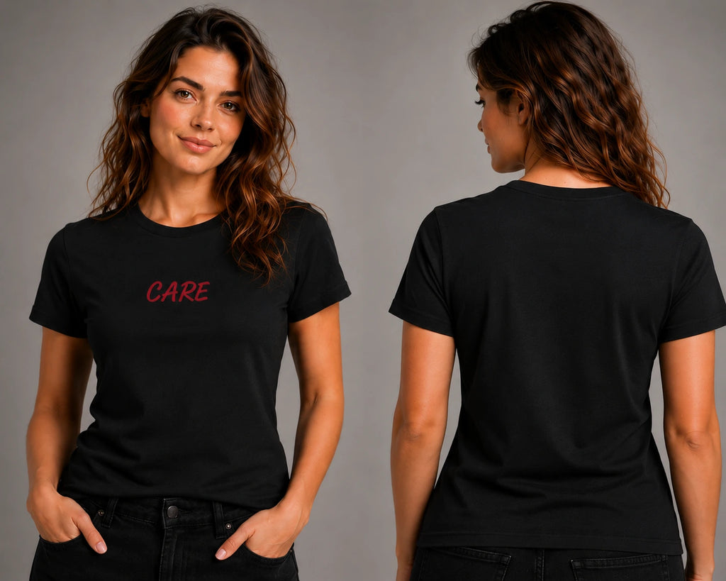 Black crew-neck T-shirt with red script logo on front and back