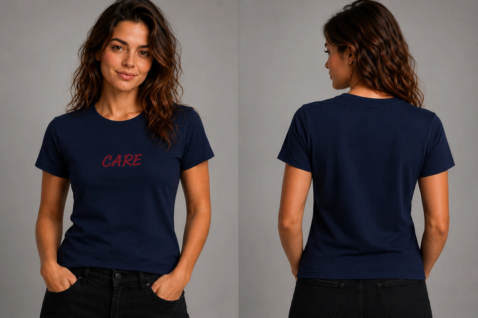 Navy crew-neck T-shirt with red script logo on front and back