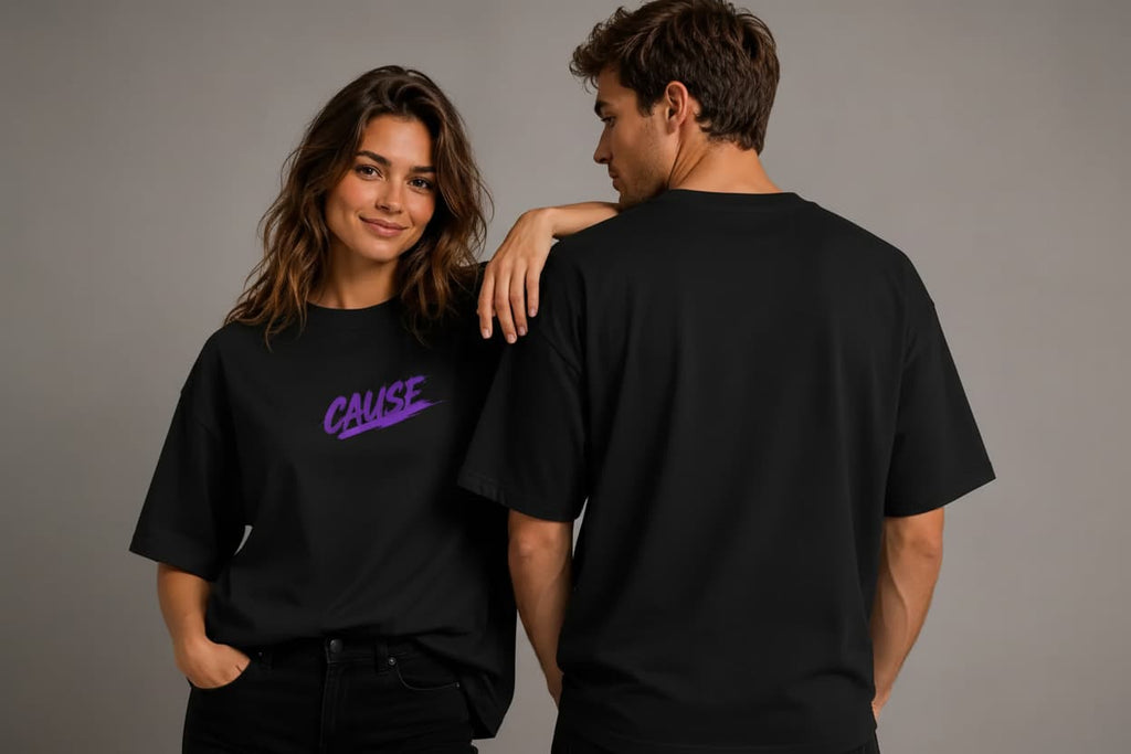 Black oversized heavy cotton T-shirt with CAUSE logo on chest