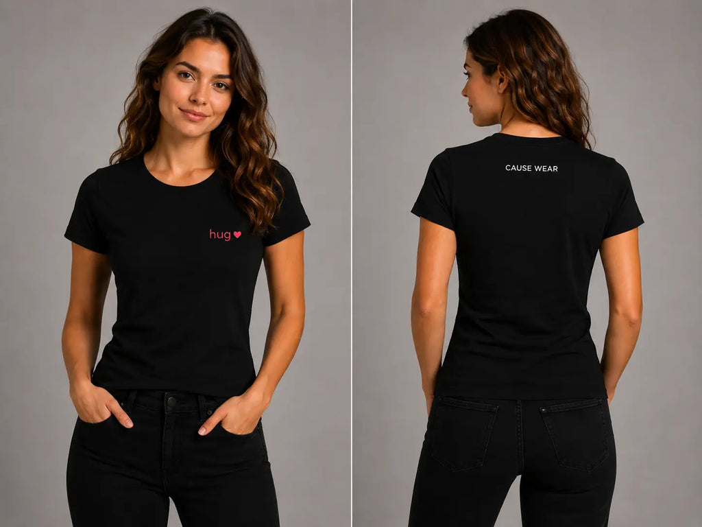Black crewneck T-shirt with small red chest logo