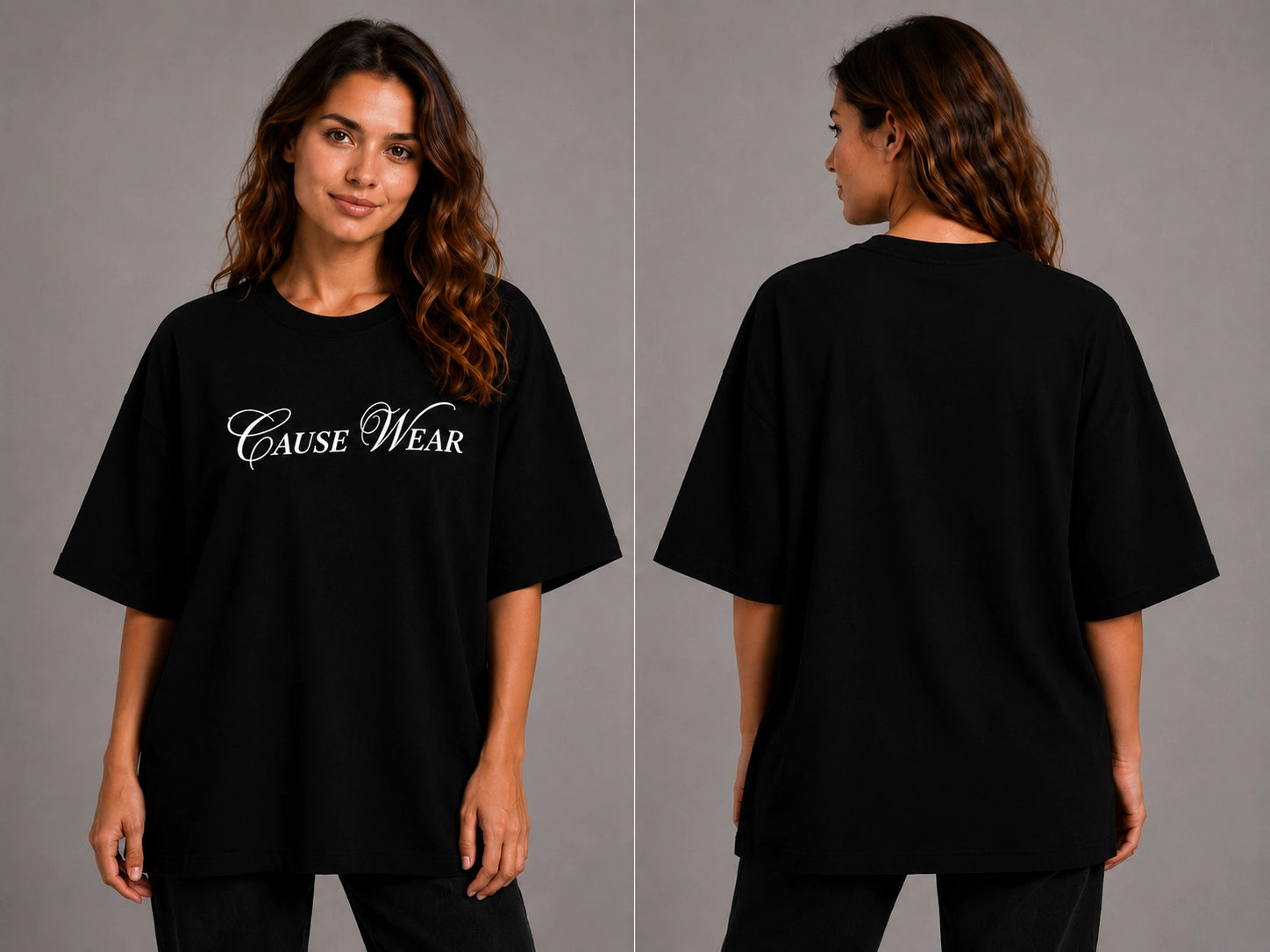 Black oversized crewneck T-shirt with Cause Wear logo on chest