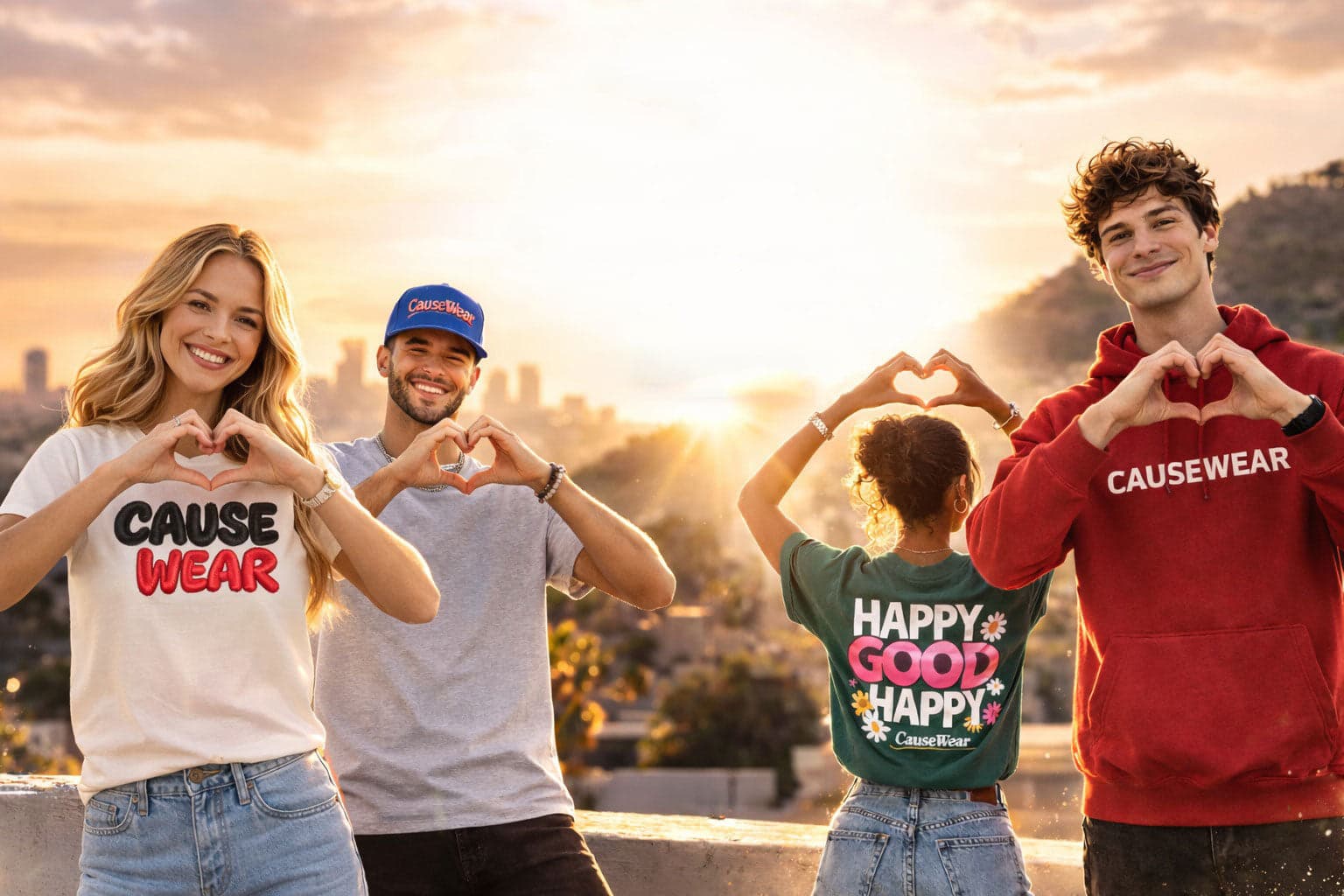 Four people making heart shapes with their hands, wearing Causewear branded clothing against a sunset background.