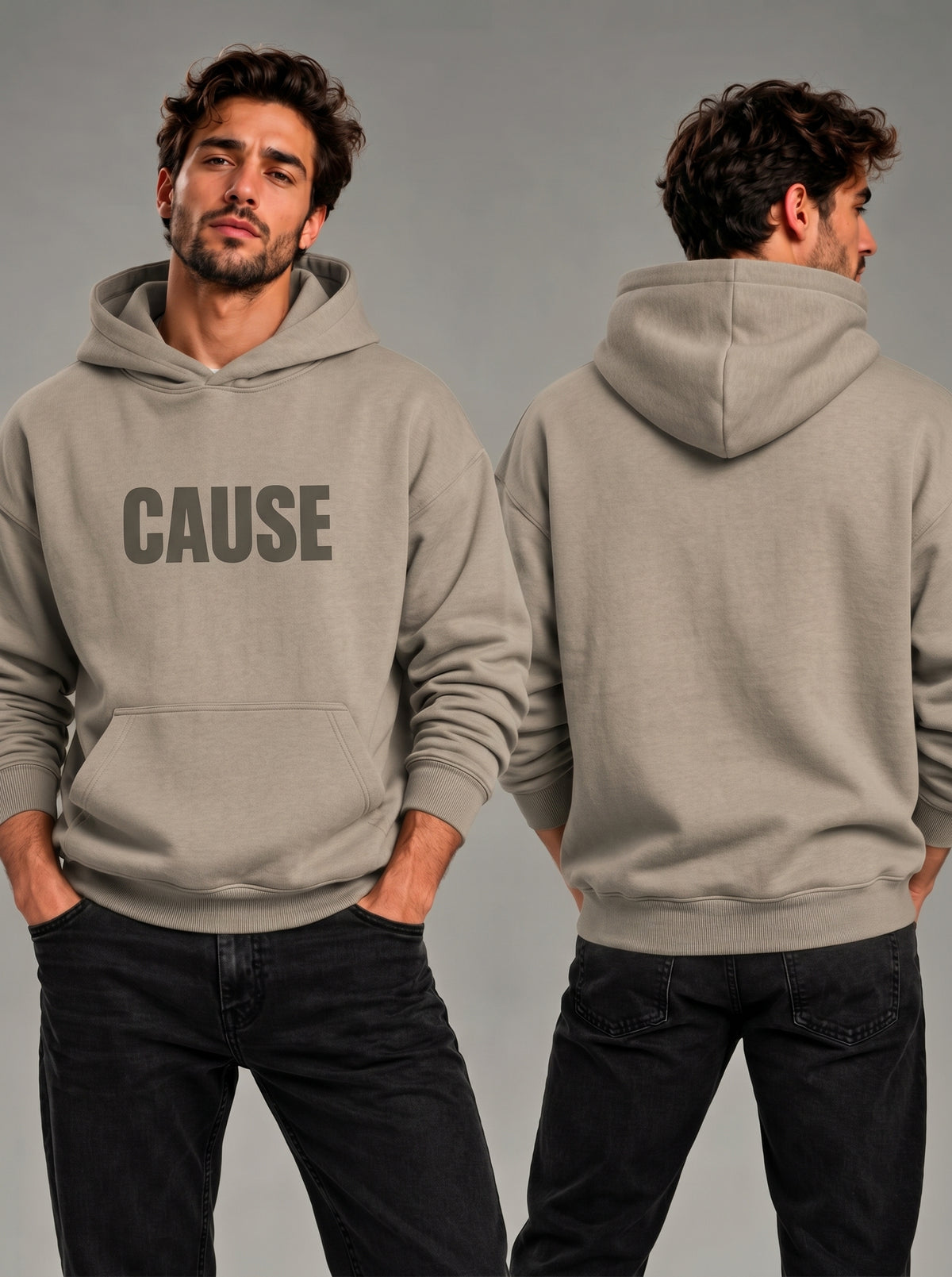 Light gray oversized hoodie with front logo print and kangaroo pocket, hood up