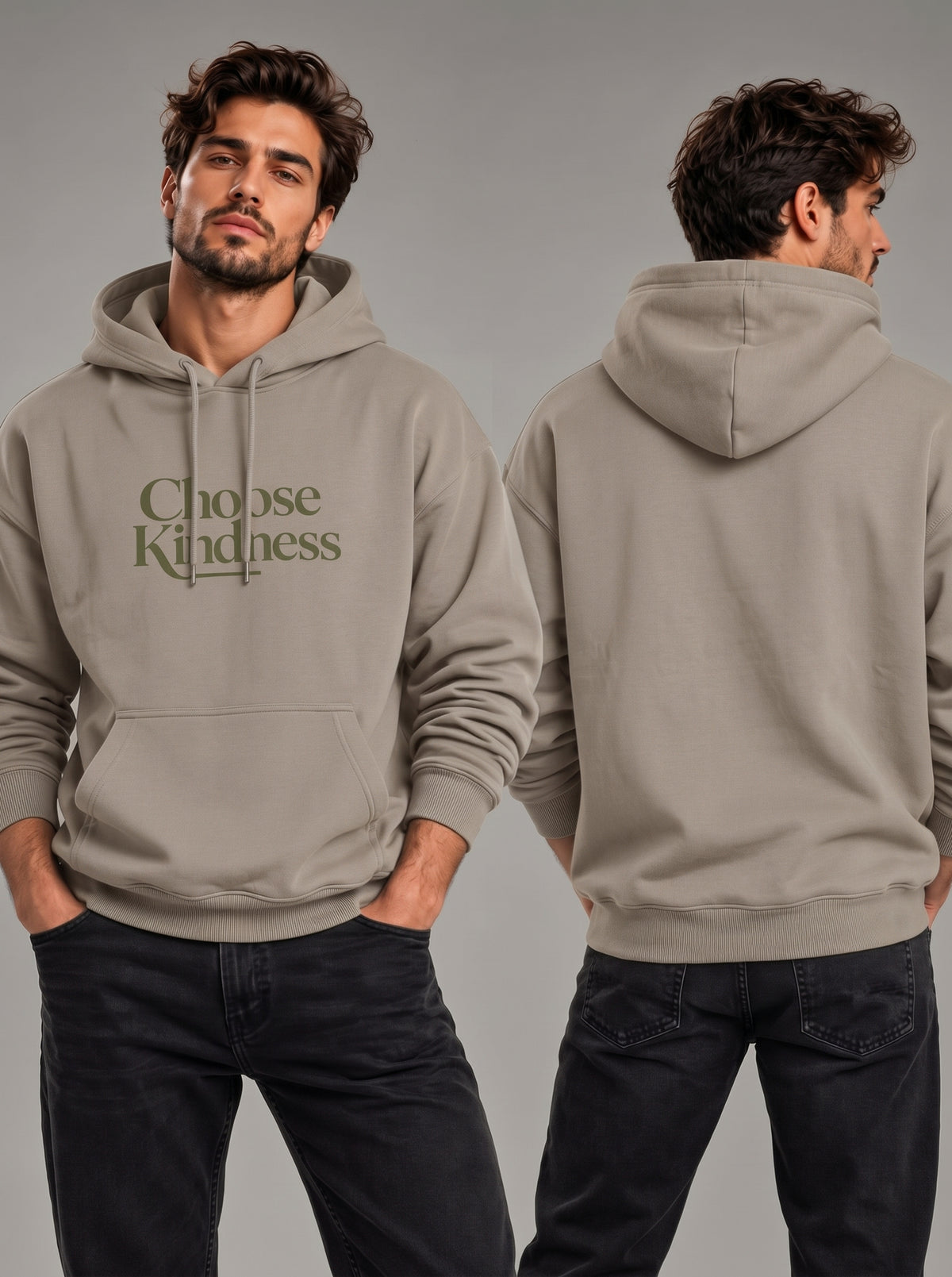 Beige oversized hoodie with 'Choose Kindness' front print, hood and kangaroo pocket