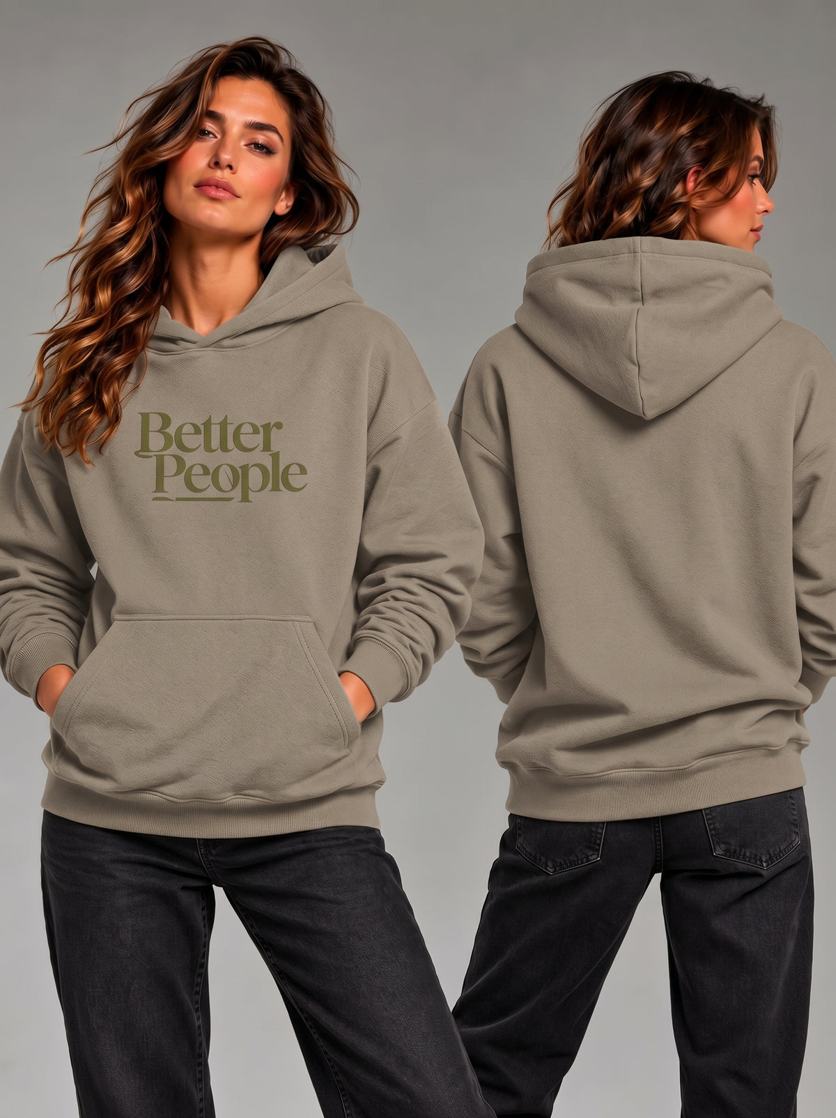 Oversized gray hoodie with front pocket and Better People logo