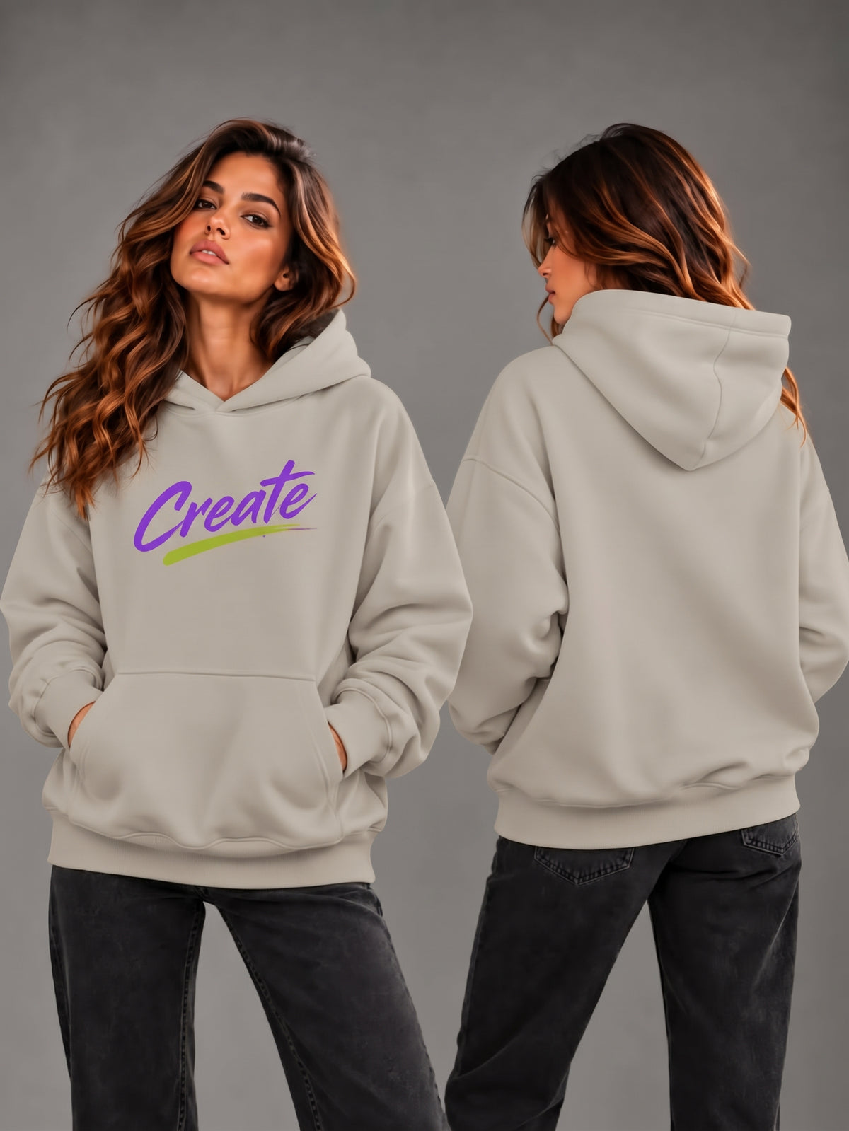 Beige oversized hoodie with hood, kangaroo pocket, and purple 'Create' print