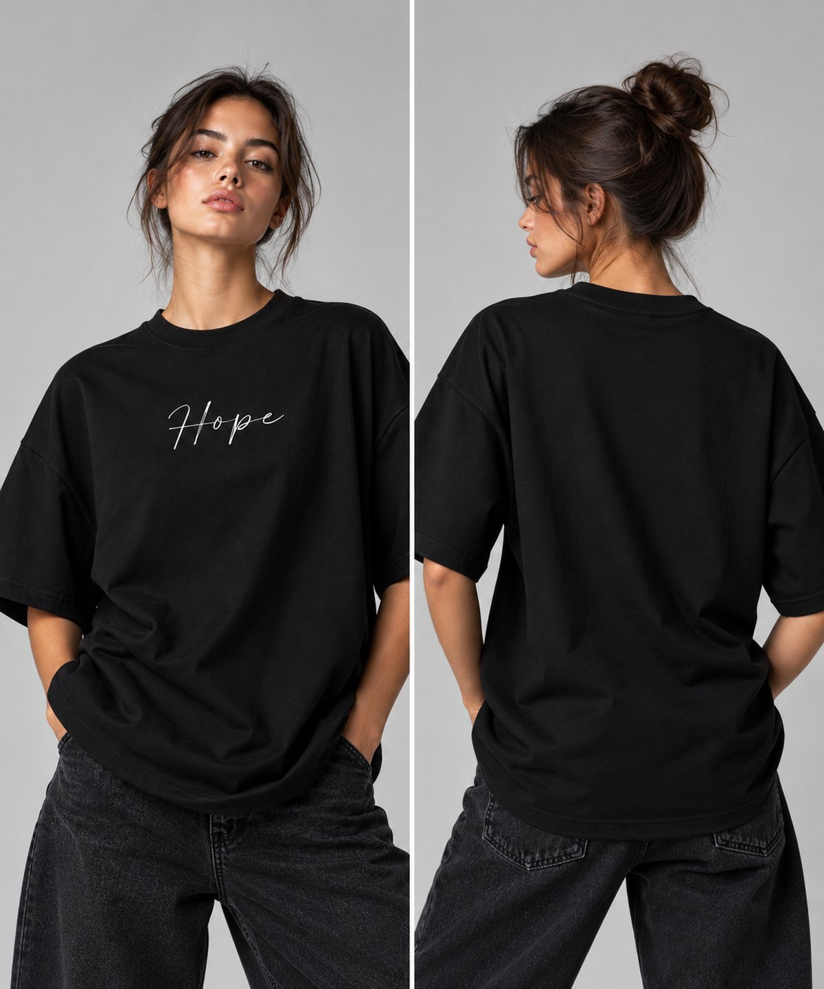 Black oversized T-shirt showing front 'Hope' print and plain back, crew neck, short sleeves