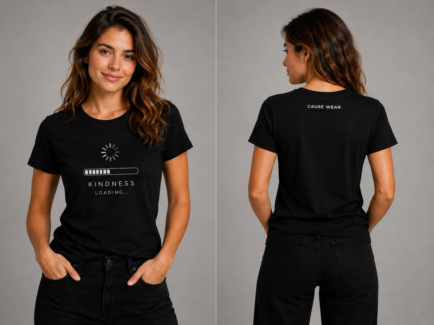 Black crewneck T-shirt with sun icon and 'KINDNESS LOADING...' graphic.