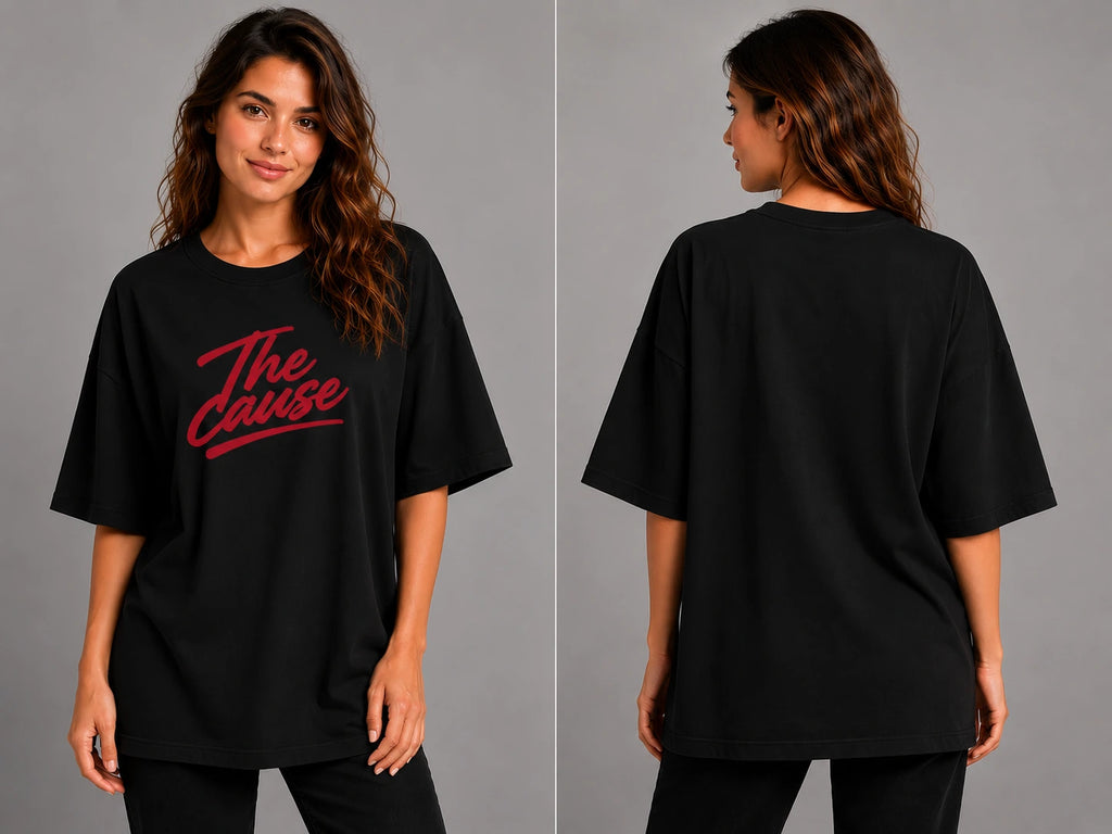 Black oversized T-shirt with crew neck and front logo graphic