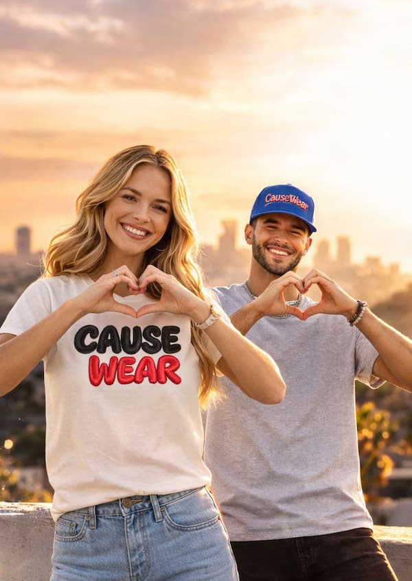 Two people making heart shapes with their hands against a city skyline backdrop.