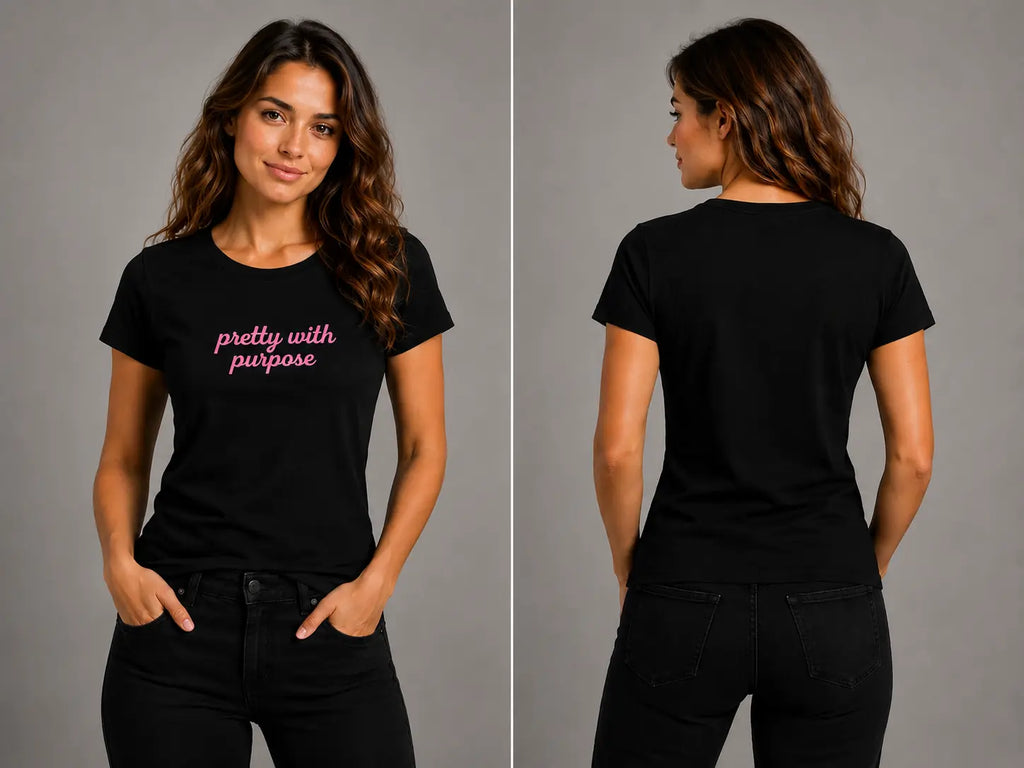 Black crew-neck graphic T-shirt, short sleeves, pink 'pretty with purpose' print