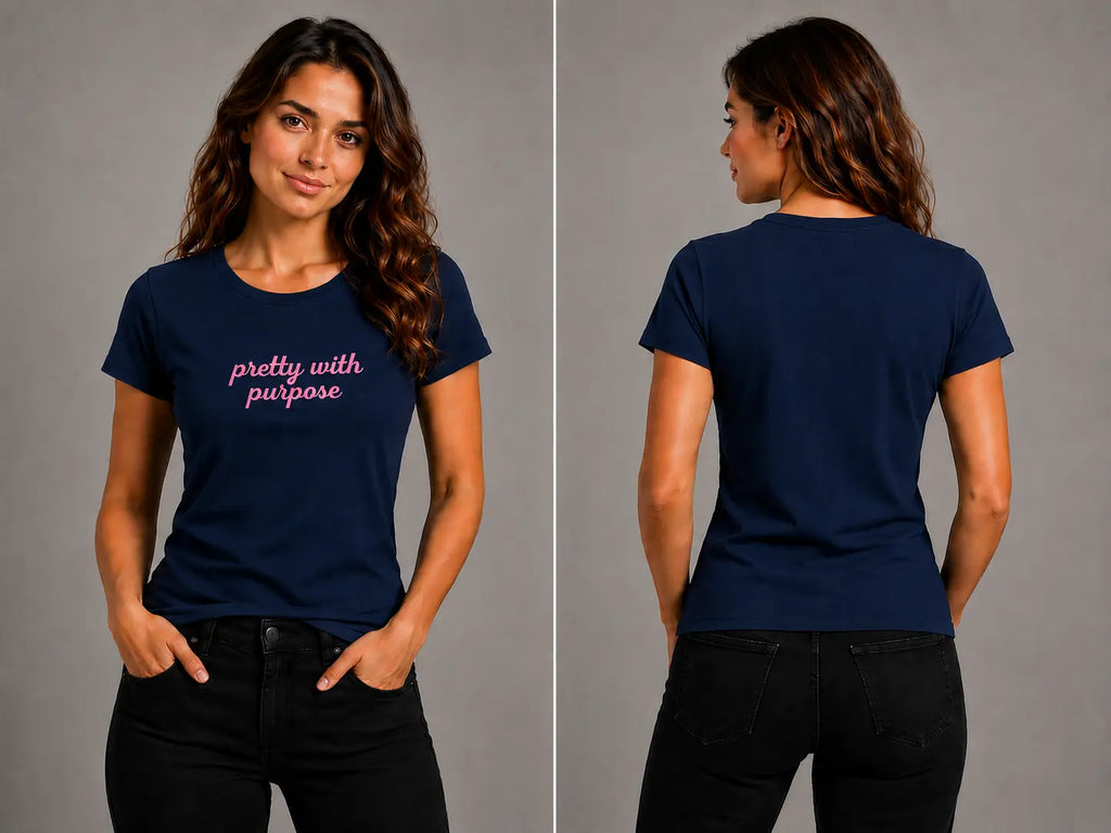 Navy crew-neck graphic T-shirt, short sleeves, pink 'pretty with purpose' print