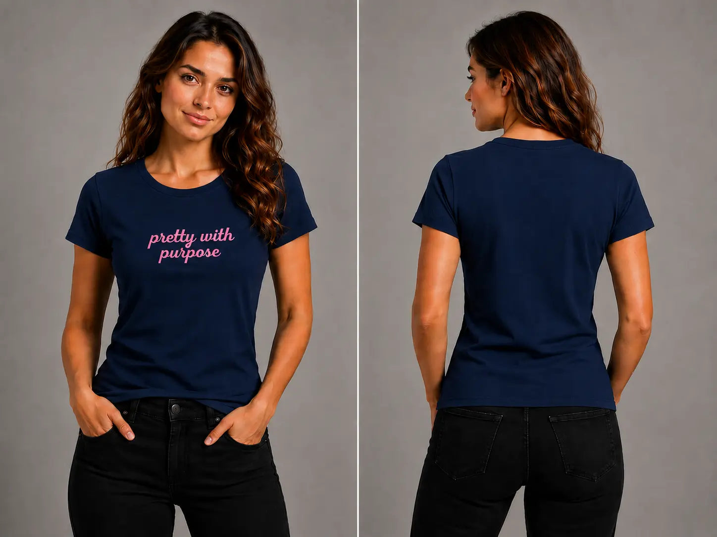 Navy crew-neck graphic T-shirt, short sleeves, pink 'pretty with purpose' print