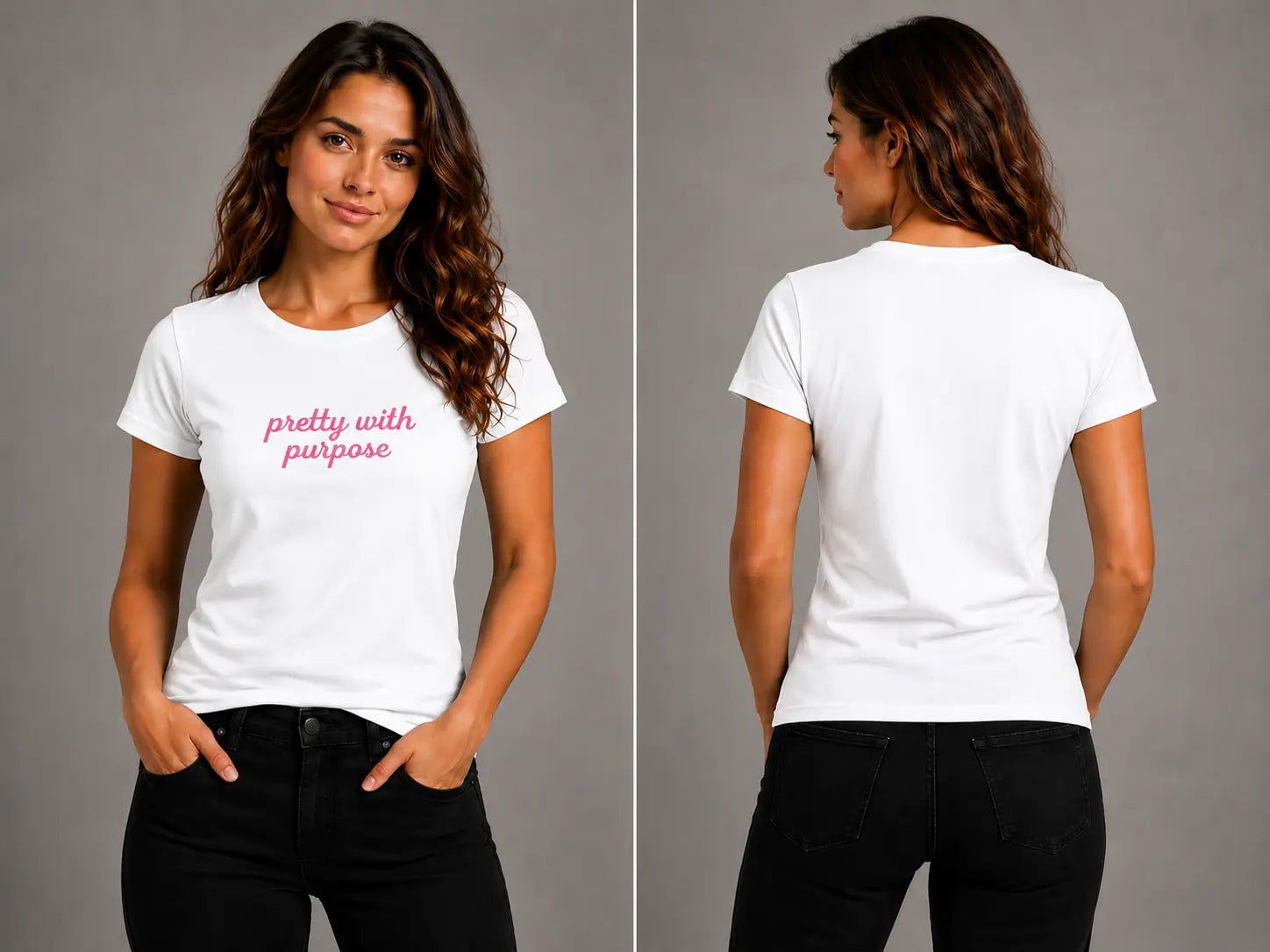 White crew-neck graphic T-shirt, short sleeves, pink 'pretty with purpose' print