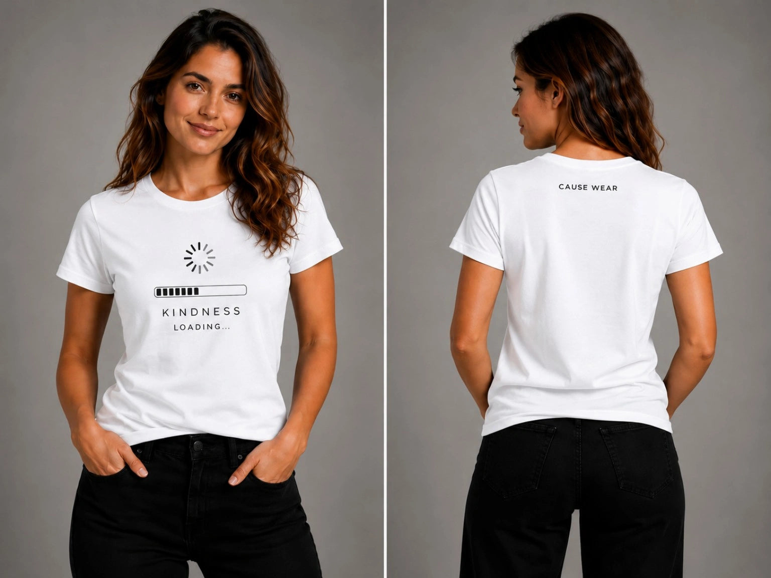 White crewneck T-shirt with sun icon and 'KINDNESS LOADING...' graphic.