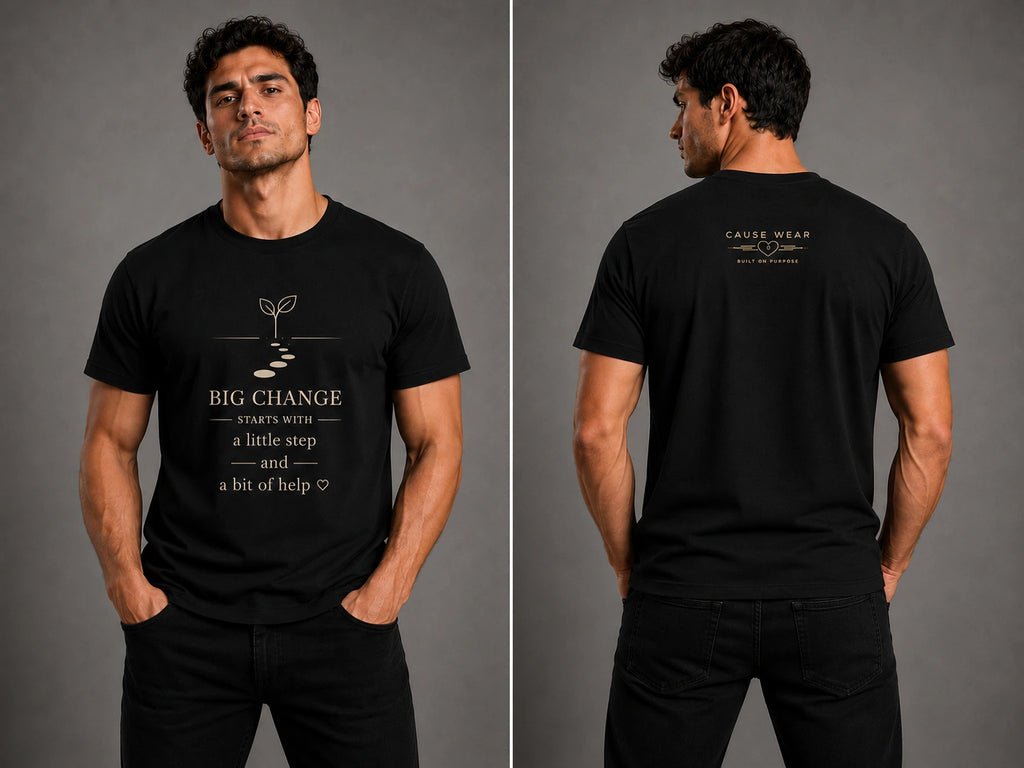 Black crewneck T-shirt with front and back motivational text graphic