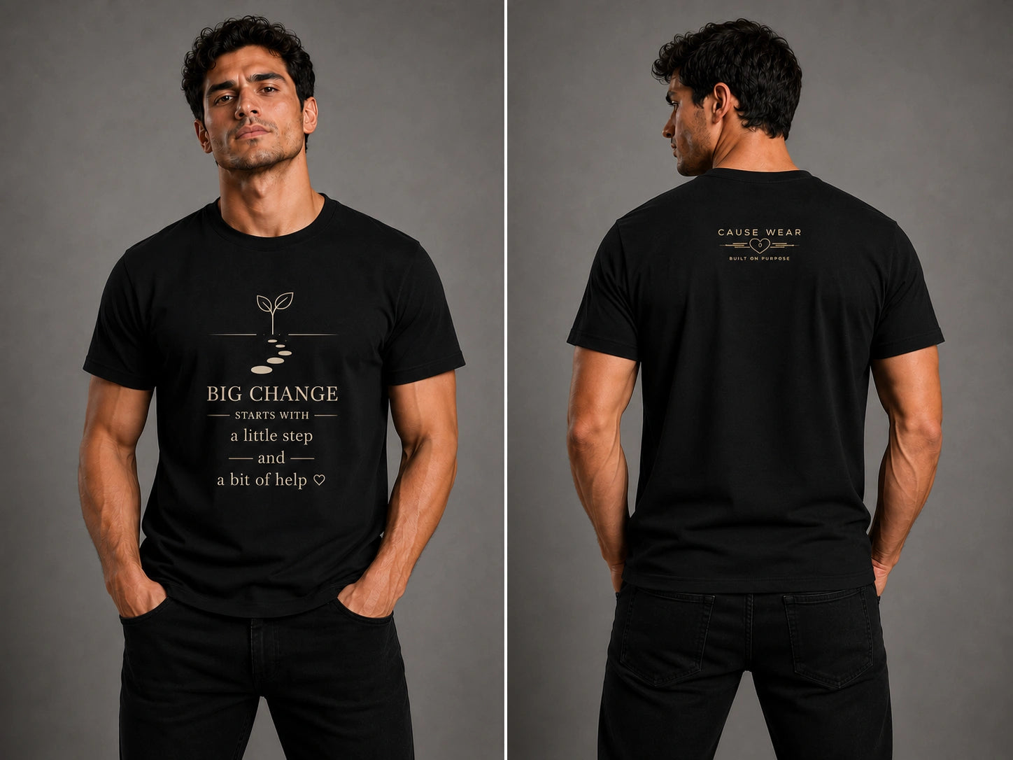 Black crewneck T-shirt with front and back motivational text graphic