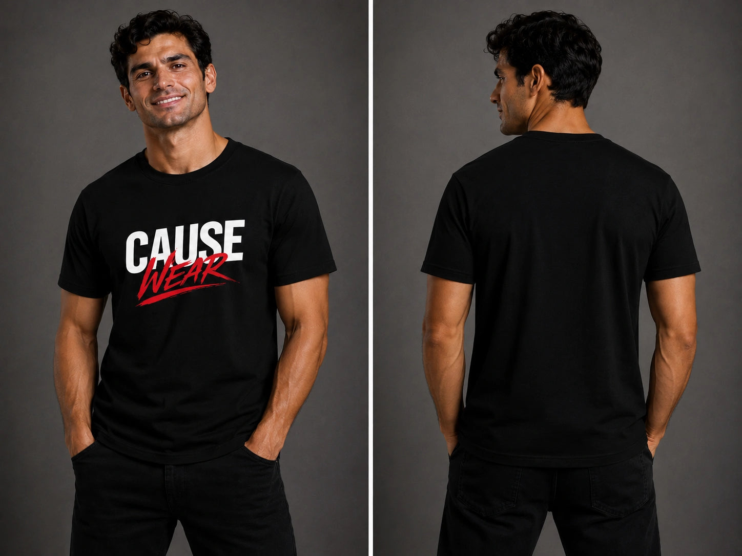 Black crew-neck T-shirt with front Cause Wear logo and plain back