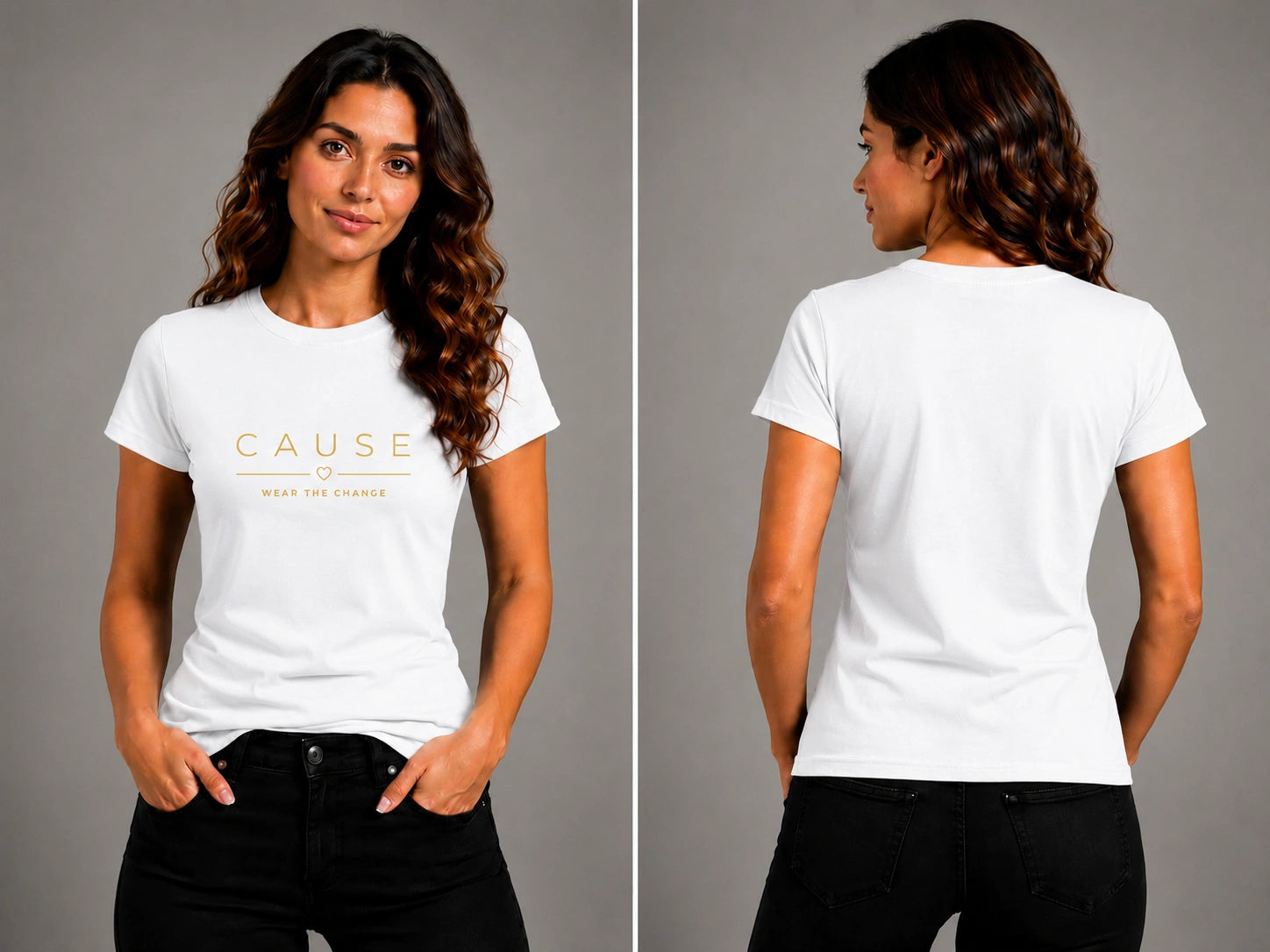 White short-sleeve graphic T-shirt, front and back views with CAUSE logo