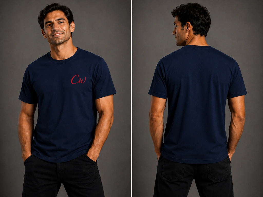 Navy short-sleeve T-shirt with red CW logo, back view