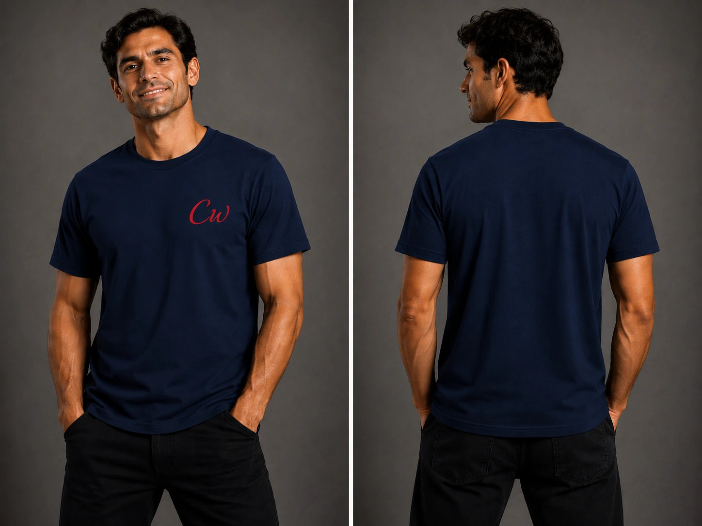 Navy short-sleeve T-shirt with red CW logo, back view