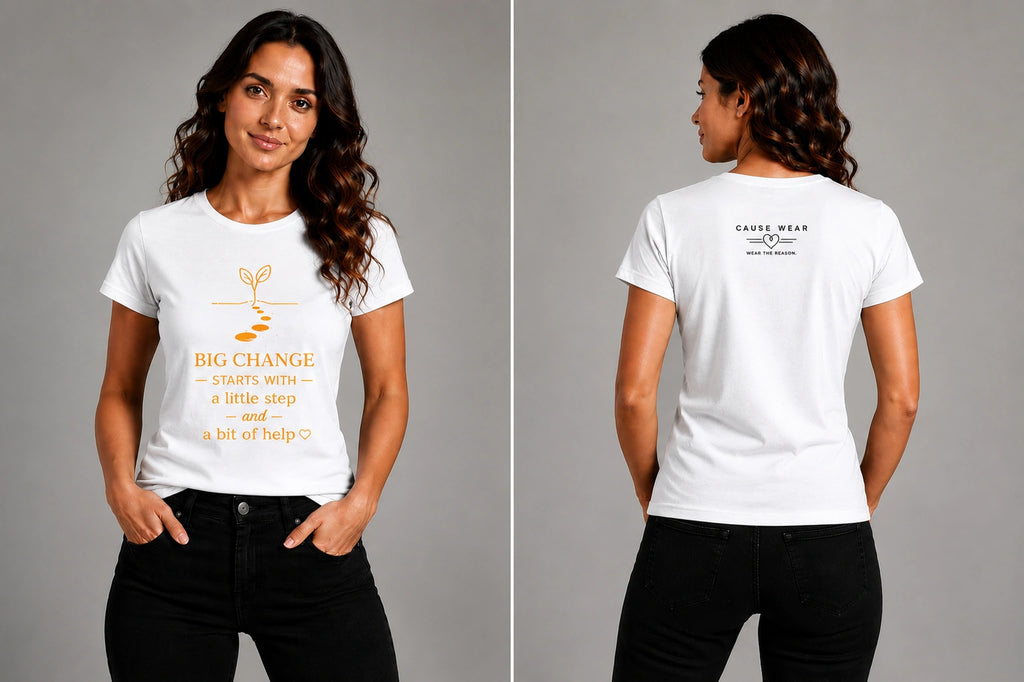 Women's white graphic T-shirt with front and small back text, short sleeves