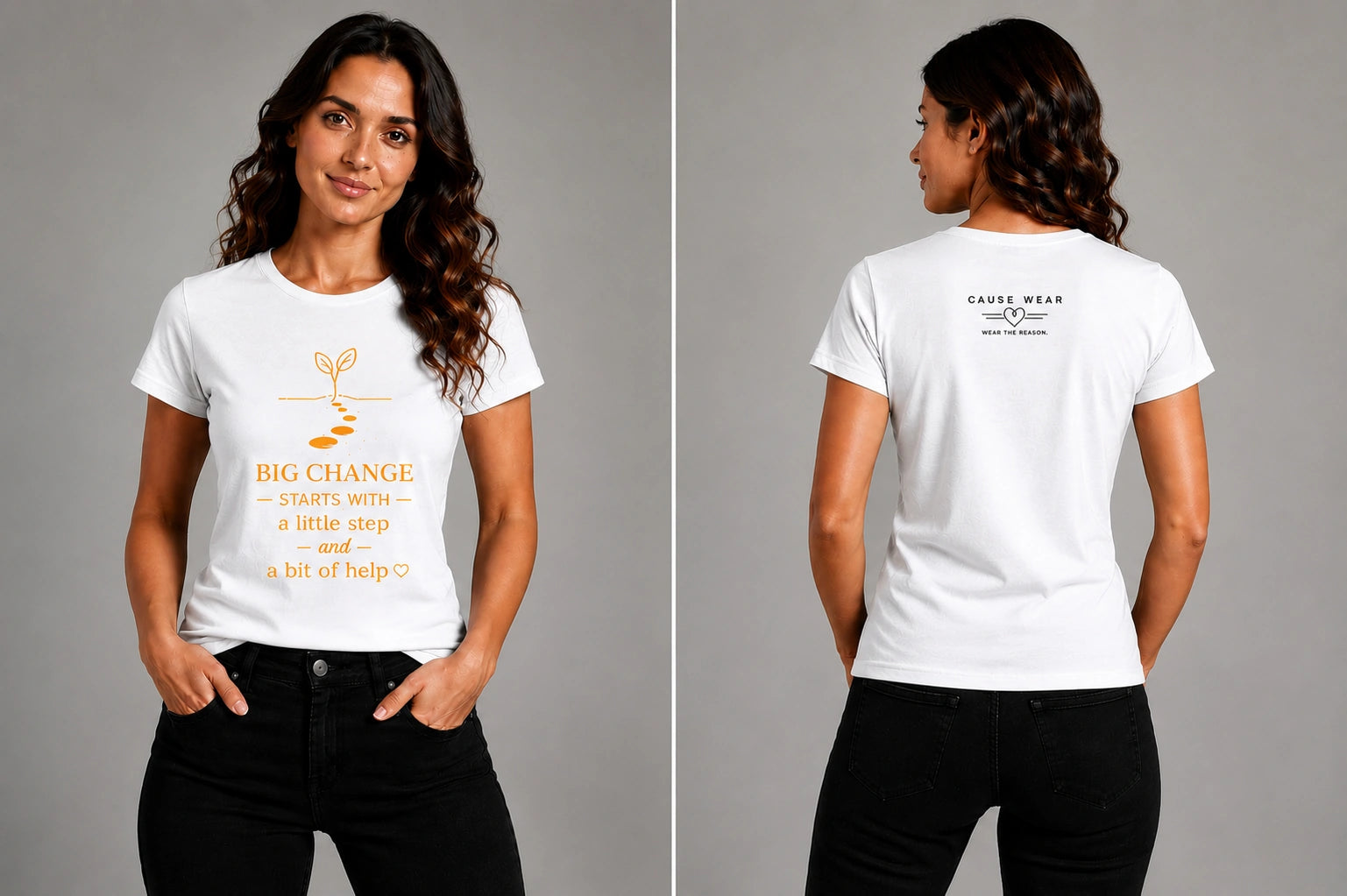 Women's white graphic T-shirt with front and small back text, short sleeves