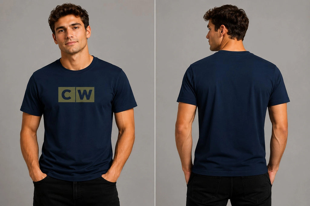 Navy crewneck T-shirt with square CW logo on chest, short sleeves.