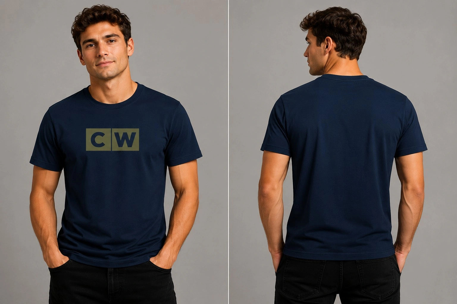 Navy crewneck T-shirt with square CW logo on chest, short sleeves.