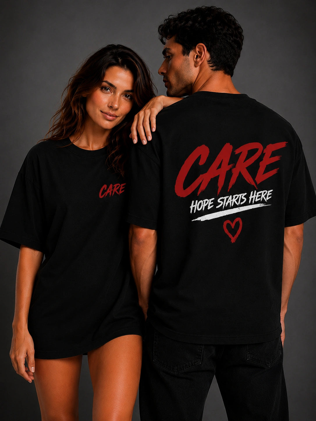 Black T-shirt set: front 'CARE' graphic; back 'HOPE STARTS HERE' with heart