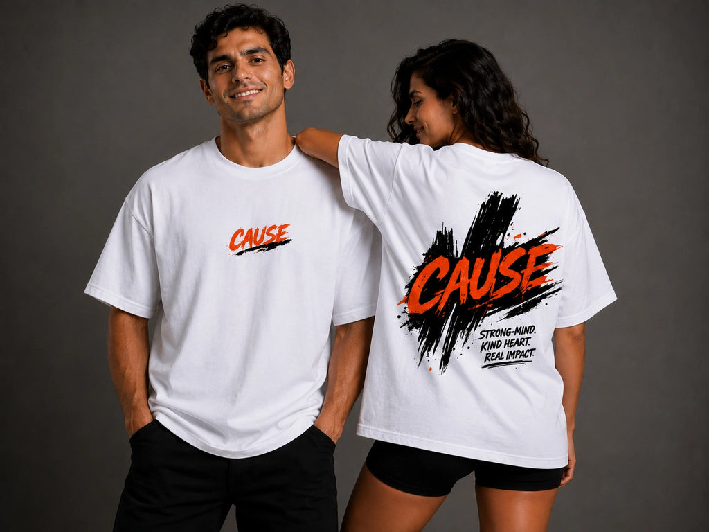White heavy cotton oversized T-shirt with CAUSE logo front and back graphic