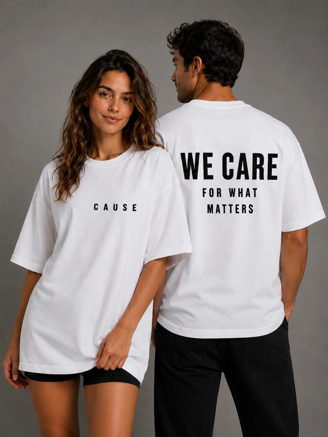 Pair of white graphic T-shirts: 'CAUSE' front and 'WE CARE FOR WHAT MATTERS' back