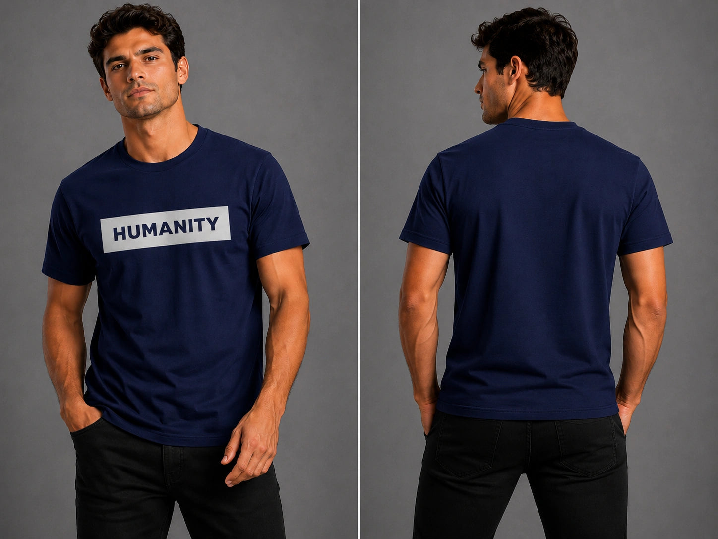 Navy men's crew-neck T-shirt with 'HUMANITY' chest logo, front and back