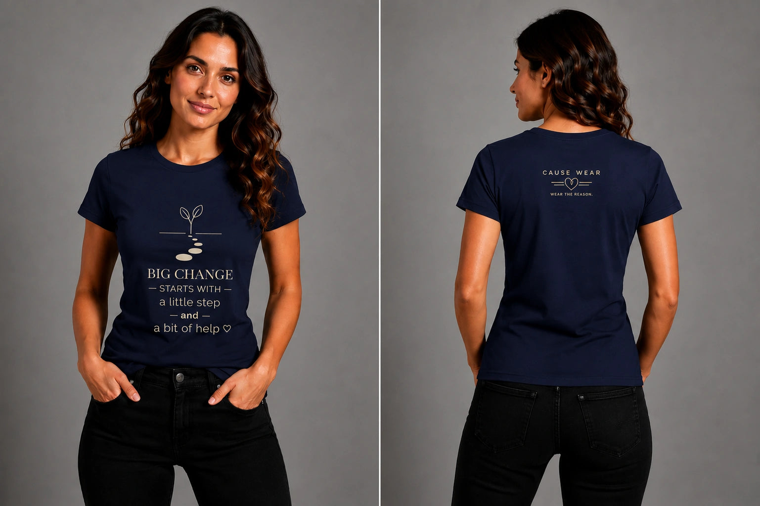 Women's navy graphic T-shirt with front and back text, short sleeves