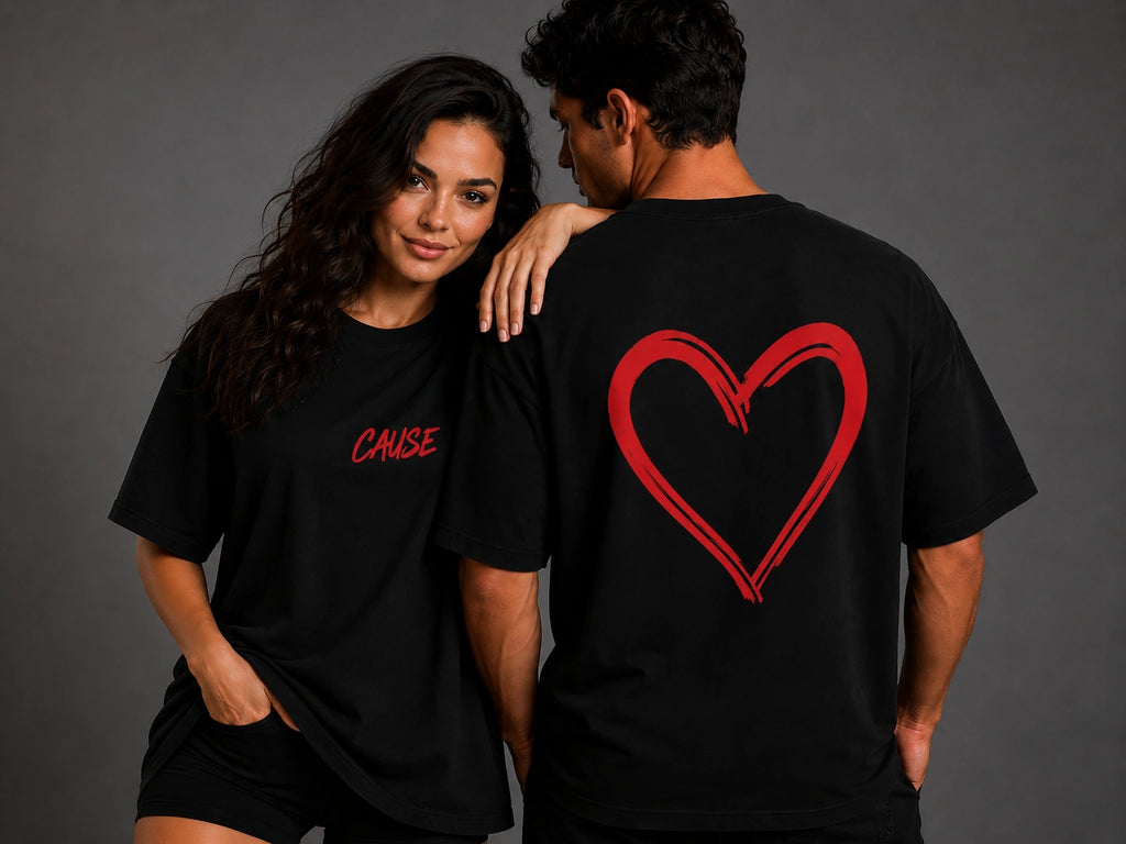 Black T-shirt with large red heart graphic on back and small red text on front
