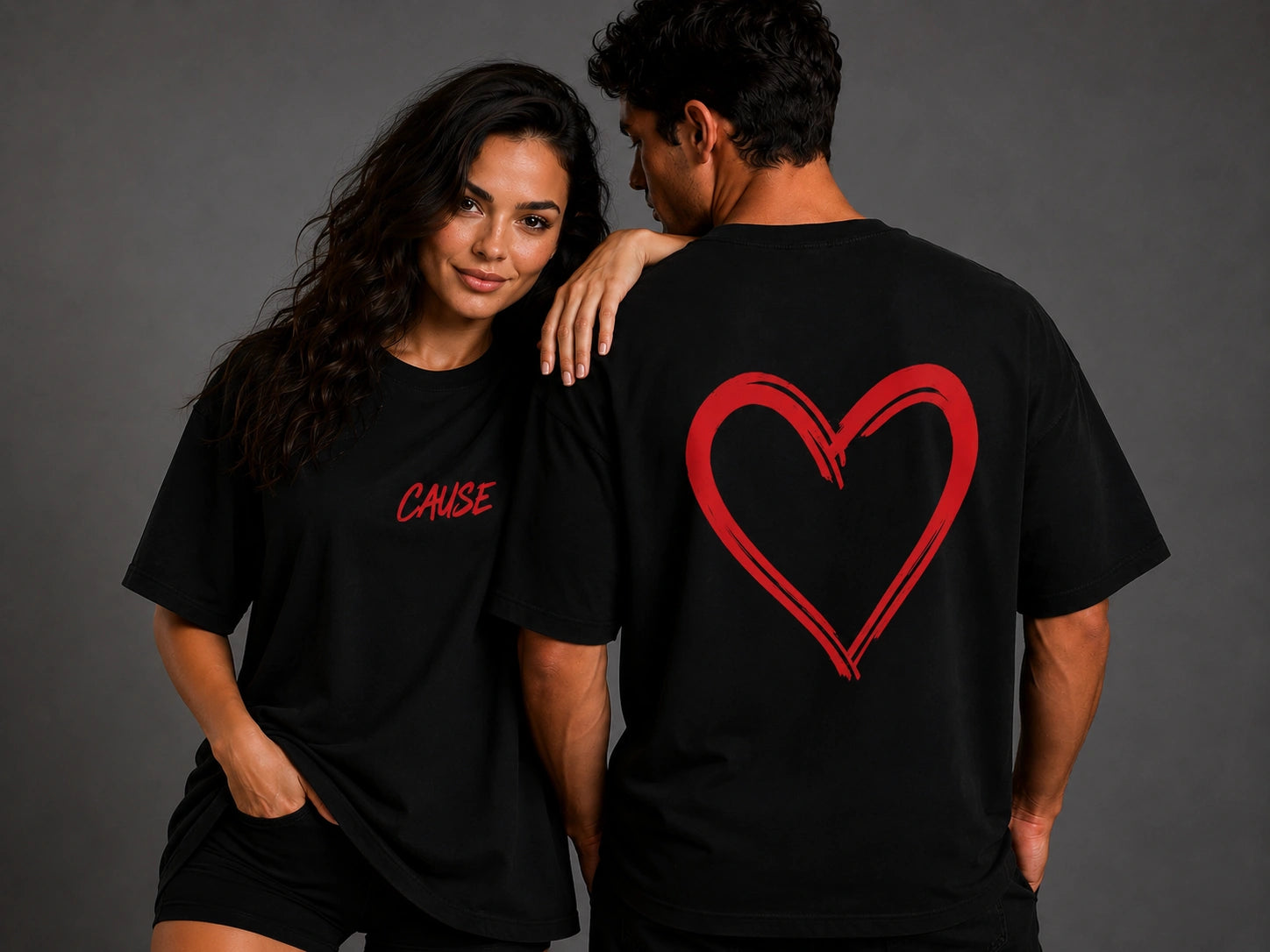 Black T-shirt with large red heart graphic on back and small red text on front
