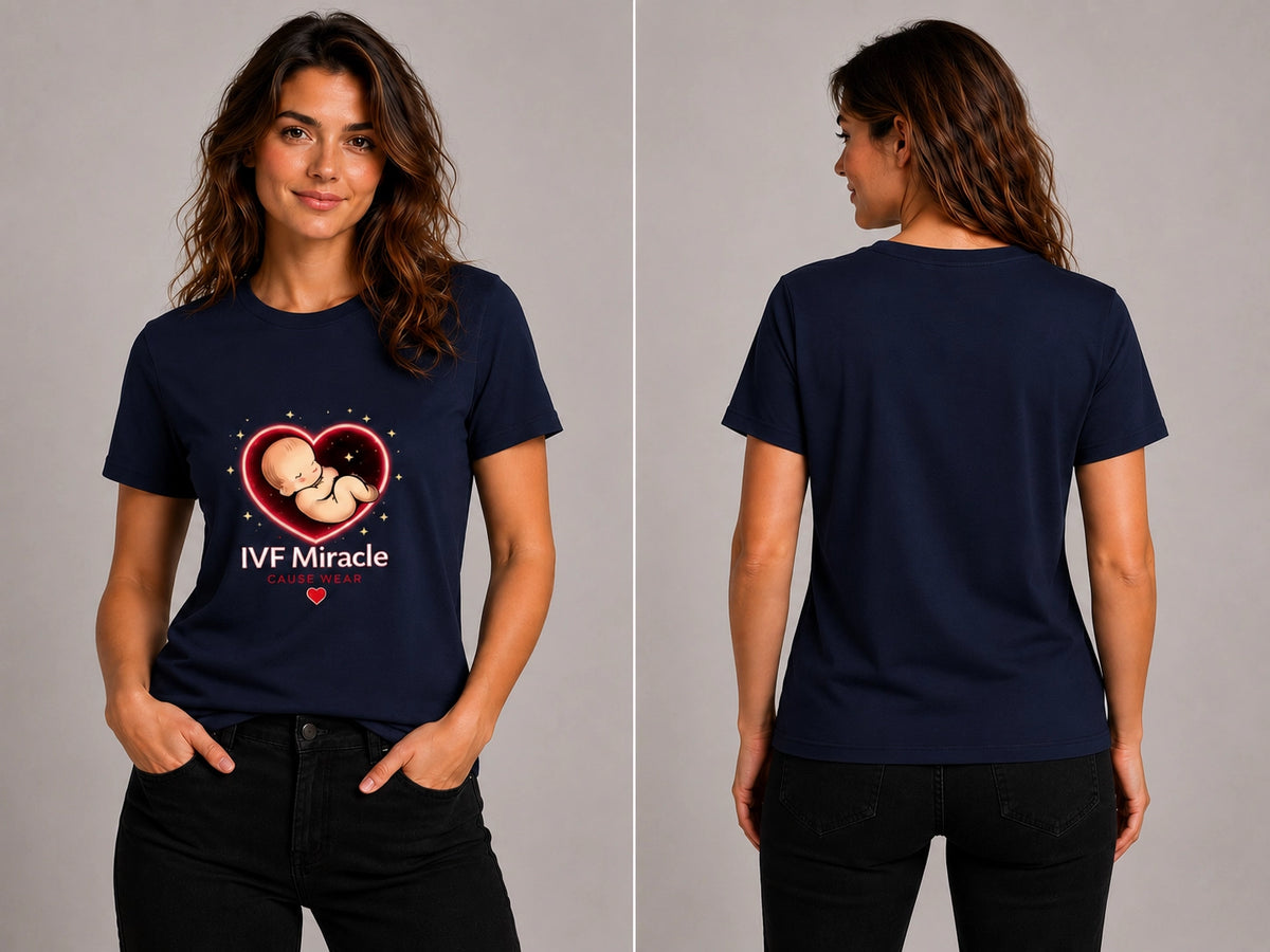 Navy short-sleeve T-shirt, front and back, with IVF Miracle heart logo