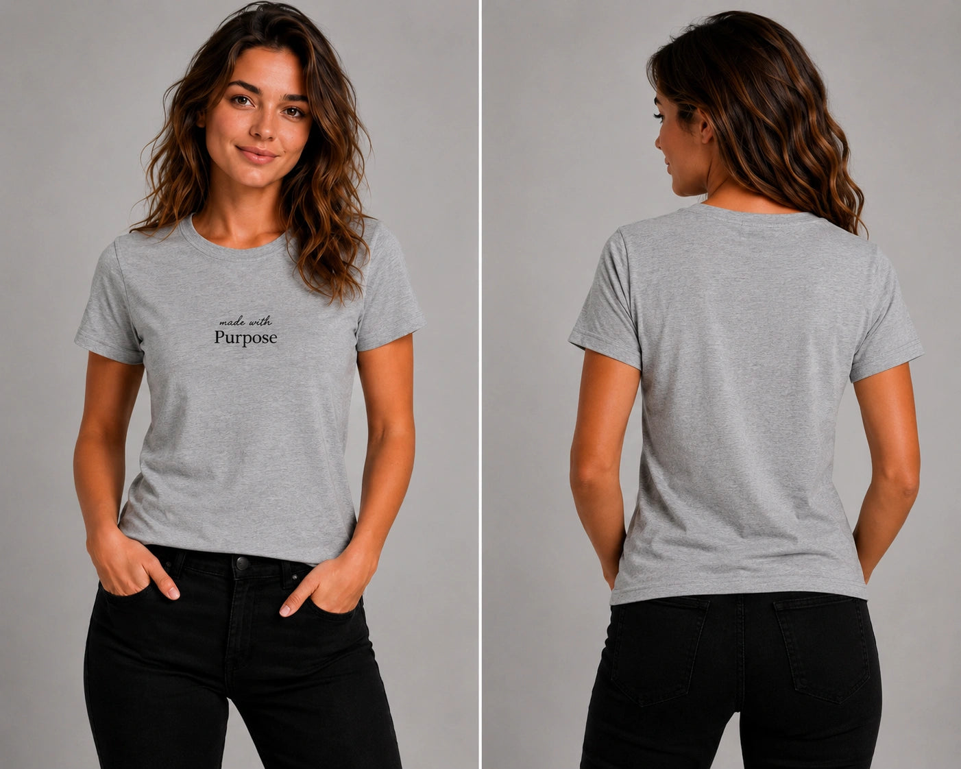 Gray crew-neck t-shirt front and back views with Purpose chest logo