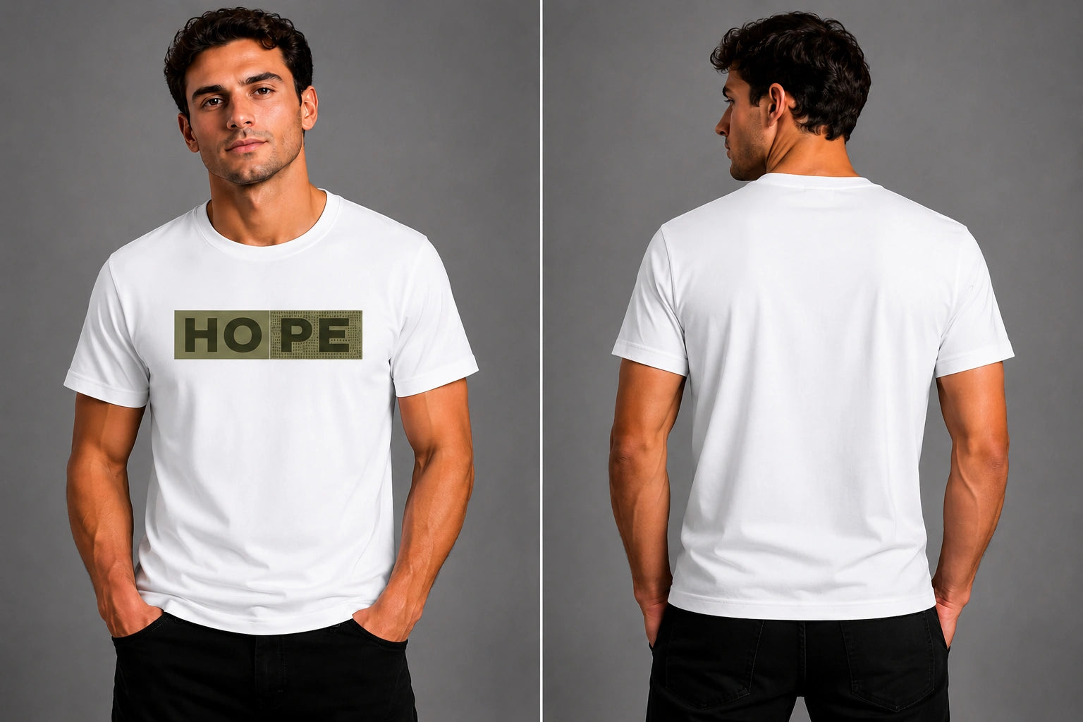 Men's white T-shirt front and back views, HOPE logo on chest, crew neck
