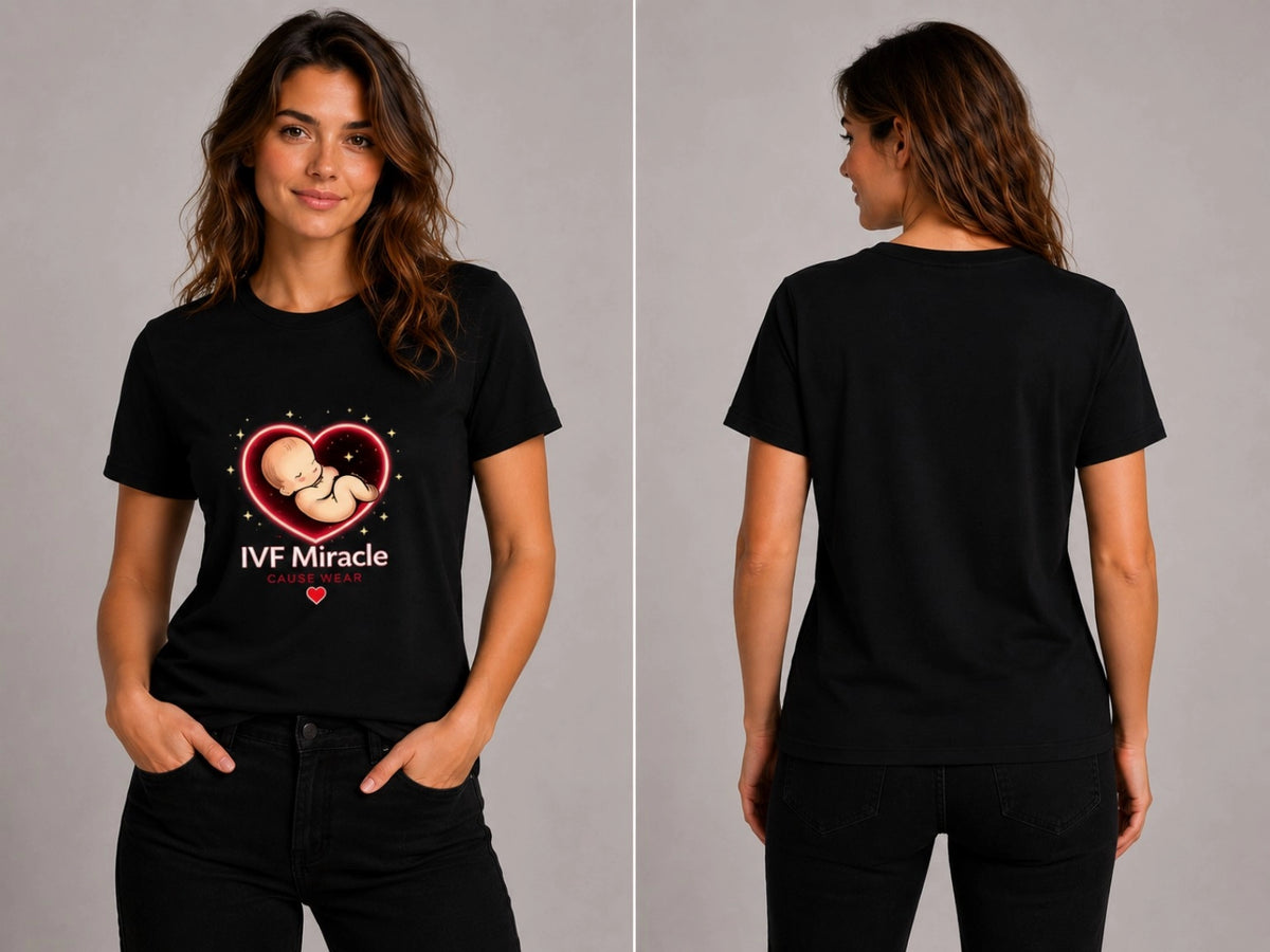Black short-sleeve T-shirt, front and back, with IVF Miracle heart logo
