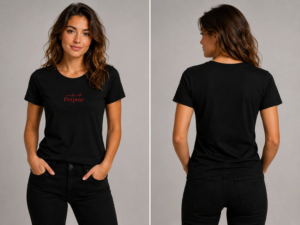 Black crew-neck t-shirt front and back views with Purpose chest logo
