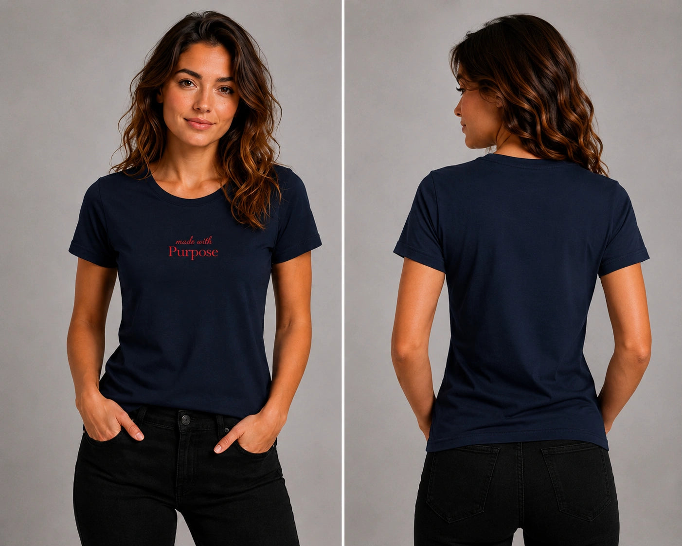 Navy crew-neck t-shirt front and back views with Purpose chest logo