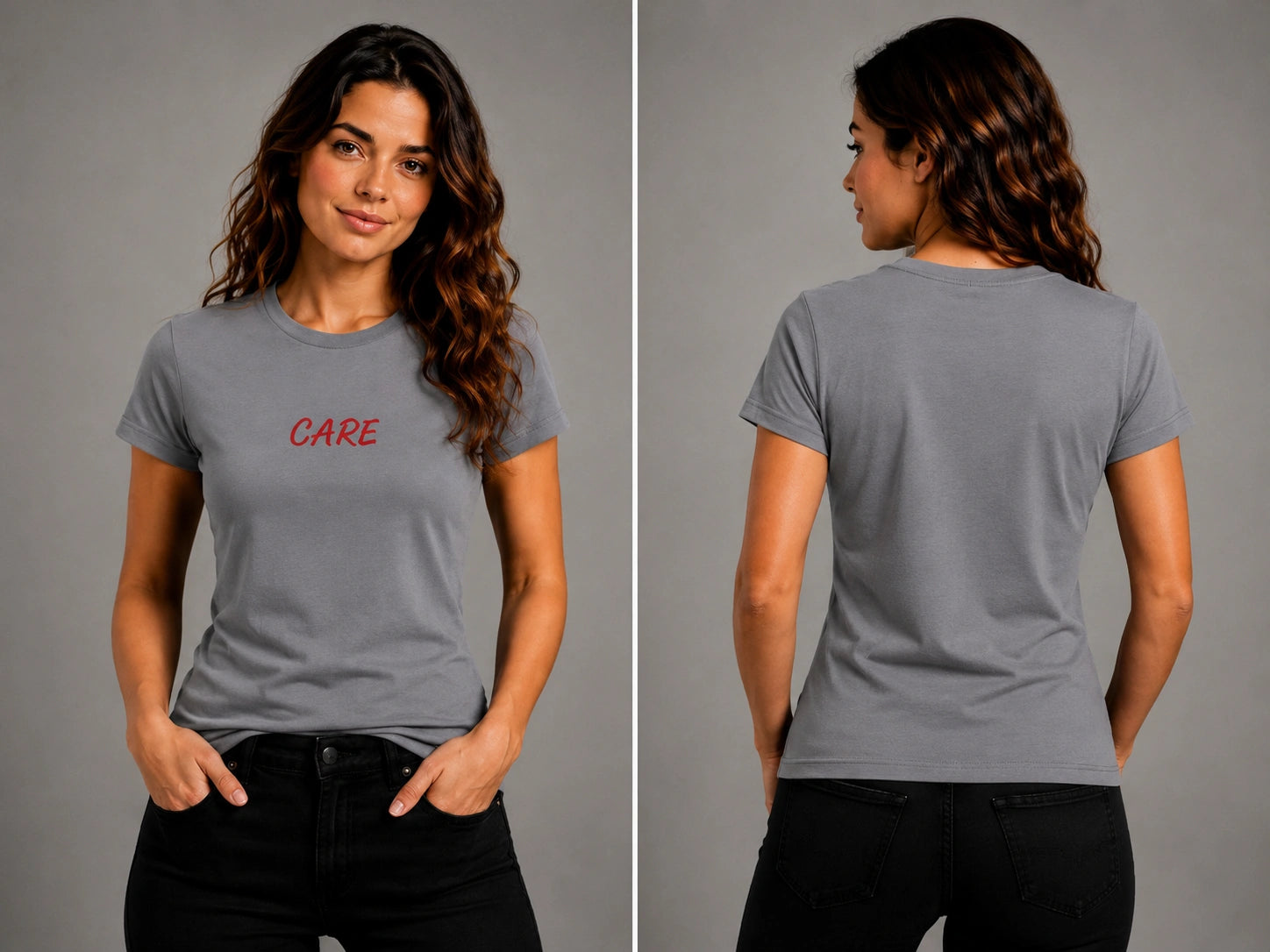 Gray crew-neck T-shirt with short sleeves and red script logo