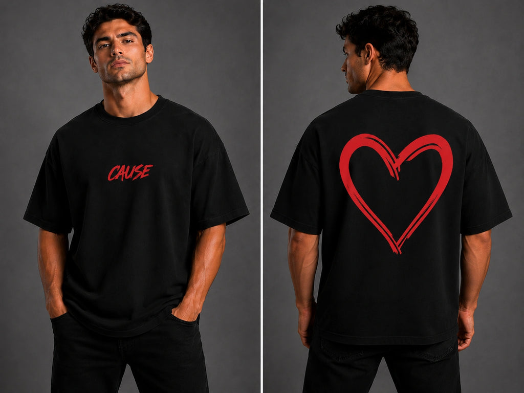 Black graphic T-shirt with small red 'CHUSE' on front and large red heart on back
