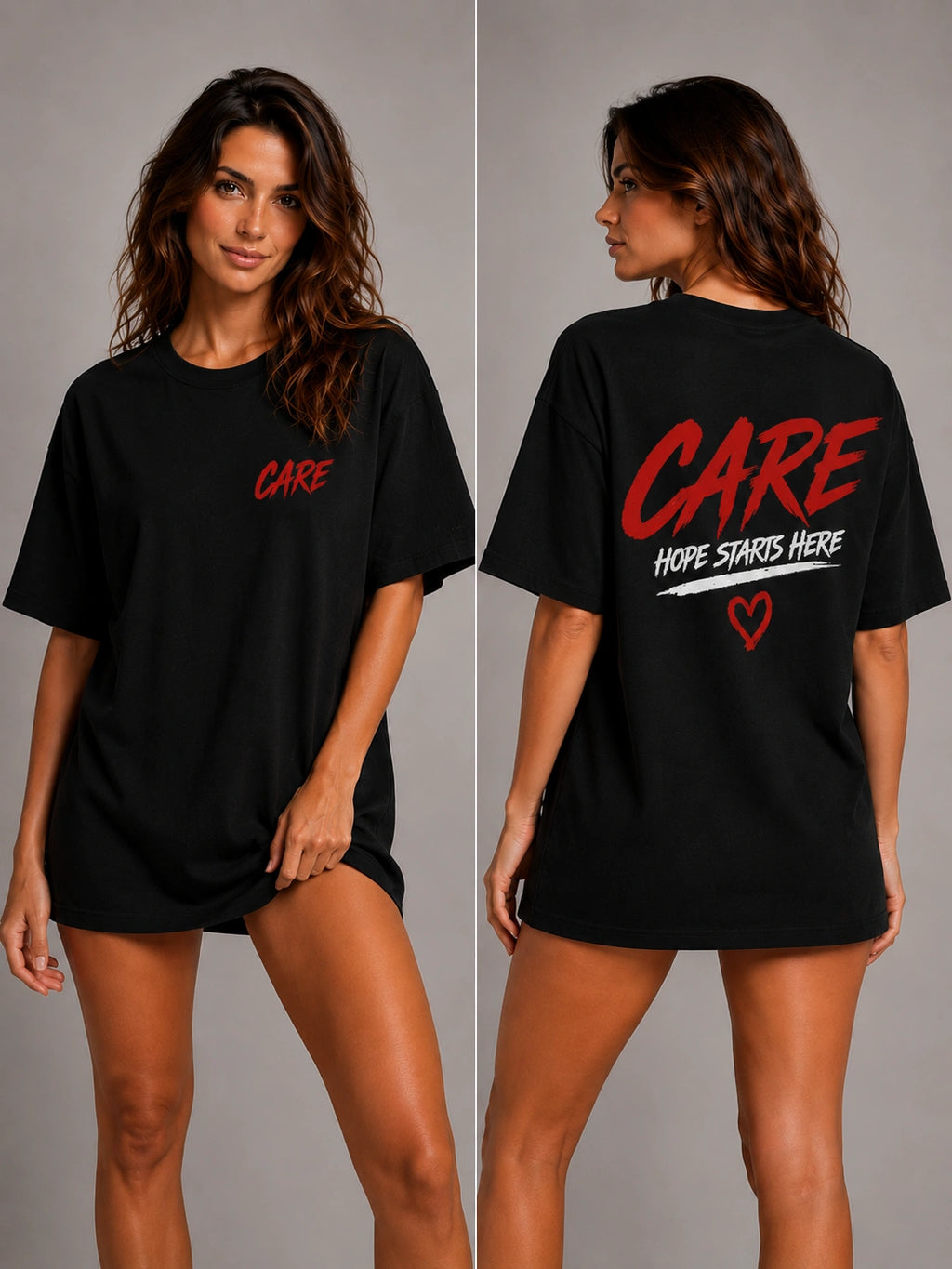 Black T-shirt with red 'CARE' logo on chest