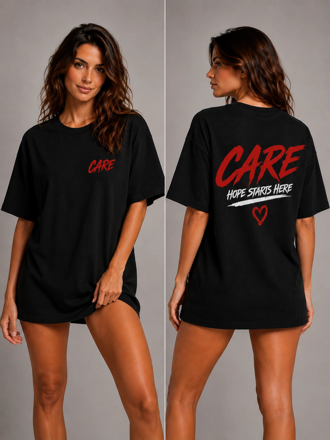 Black T-shirt with red 'CARE' logo on chest