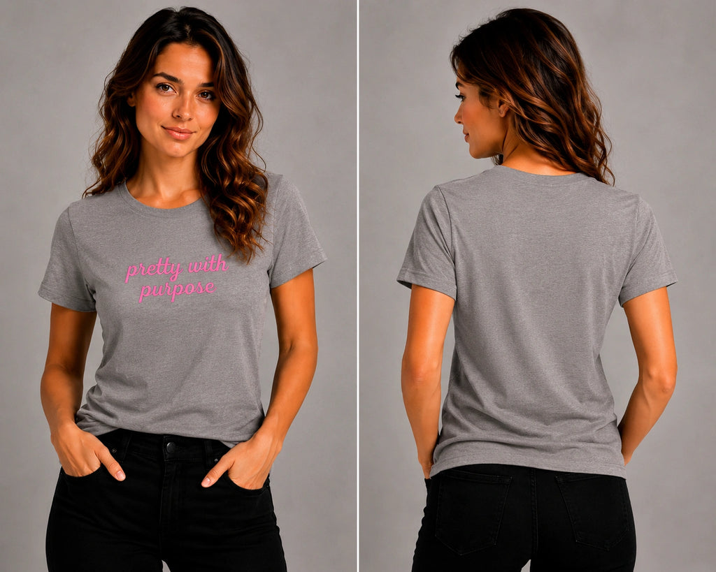 Gray crew-neck graphic T-shirt, short sleeves, pink 'pretty with purpose' print