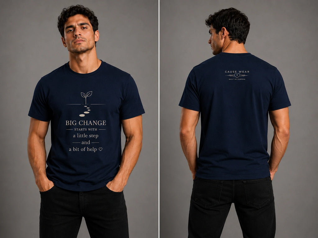 Navy crewneck T-shirt with motivational text and candle graphic