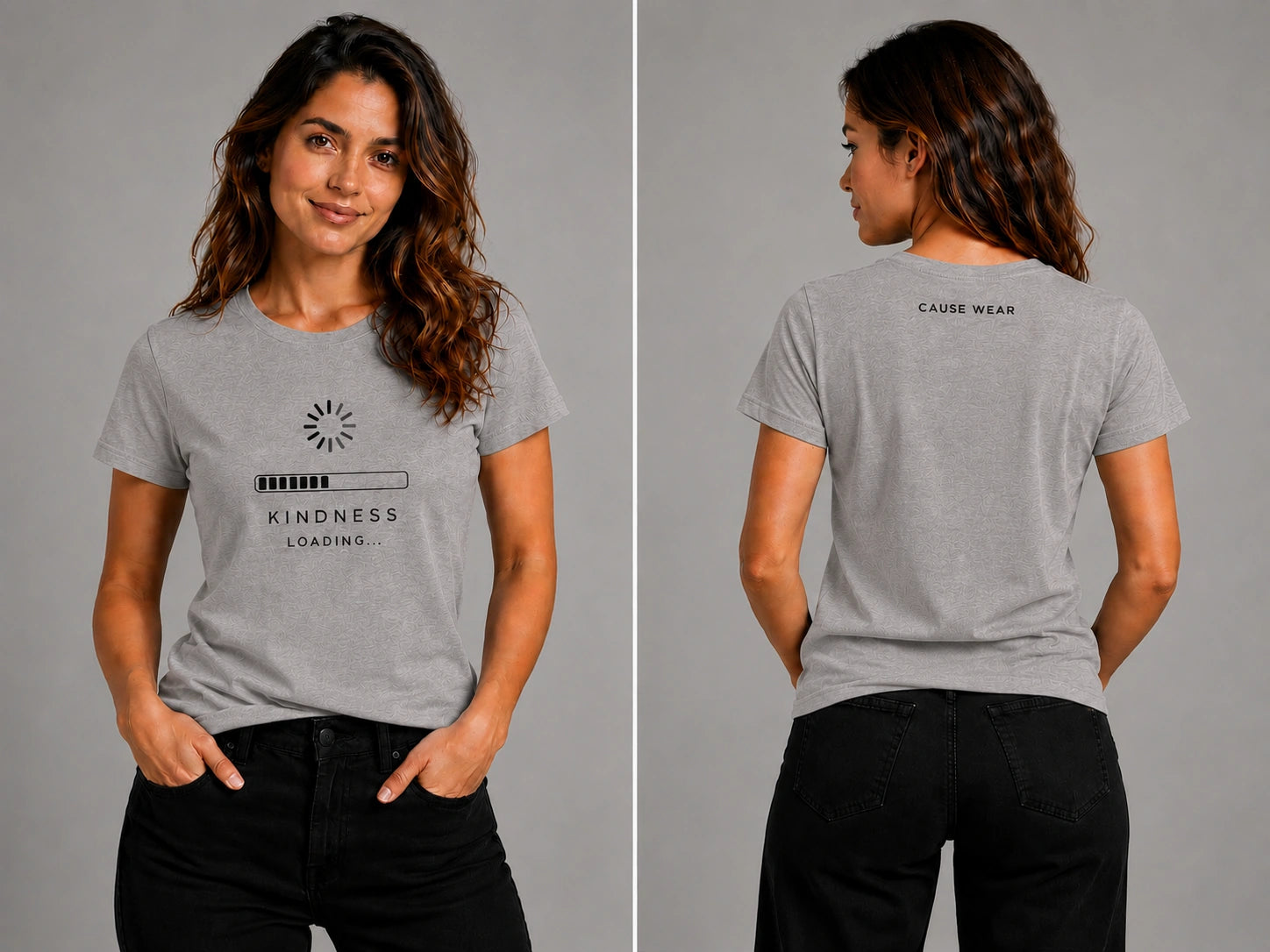 Gray crewneck T-shirt with sun icon and 'KINDNESS LOADING...' graphic.