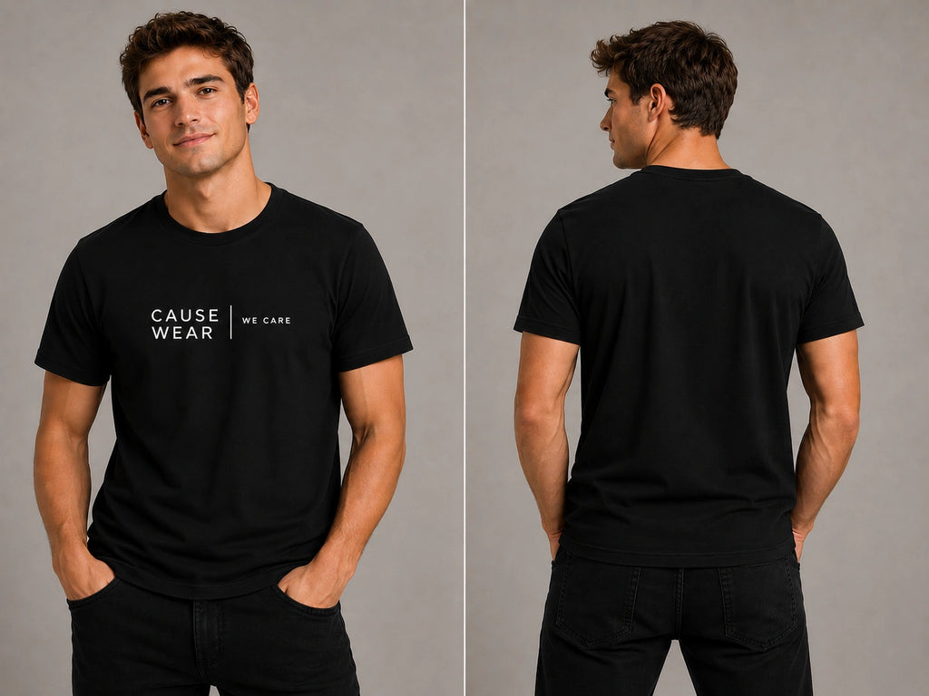 Black short-sleeve T-shirt with centered CAUSE WEAR logo print, crew neck